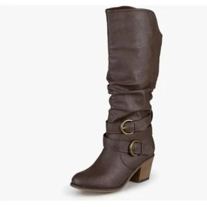 Darkbrown Slouchy Knee High Booties Round Toe Stacked Block Heels Long Boots - Picture 1 of 8