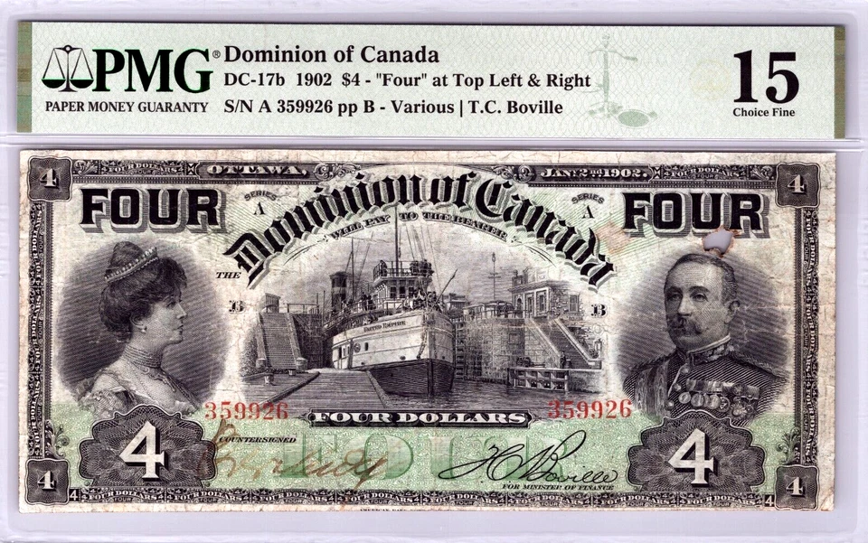 Canada $4 Dollar 1902 Pick# DC-17b "Four" at Top Left & right PMG 15 CF - Image 1 of 4