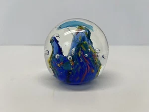 Glass Art Dolphin swimming over coral and bubbles multicolor 2"glass paperweight - Picture 1 of 6