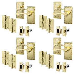Polished Brass Georgian Scroll Door Handle & Latch Set with Hinges 76mm | 4 Pack - Picture 1 of 7