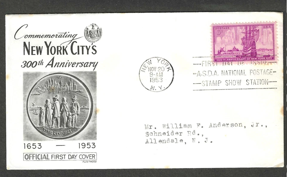 #1027 3c NEW YORK CITY FDC NEW YORK,NY NOV 20-1953 FLEETWOOD CACHET - Image 1 of 1