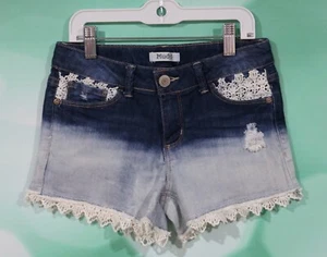 Mudd Size 14 Girls Adjustable Waist Crochet Trim Blue Dip Dyed Jean Shorts - Picture 1 of 3