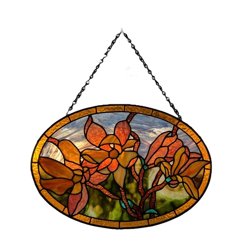 STAINED GLASS Beveled Oval Hanging Sun Catcher Bouquet Flowers 16 3/4 X 12 7/8 Cover
