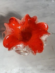 Vintage Murano Style Orange Silver Gold Flecks Art Glass Flower Form Bowl - Picture 1 of 24