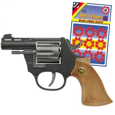 J. G. SCHRÖDEL Pistole Super 8 14,5 cm Schwarz Braun mit 144 Schuss Munition Polizei Western