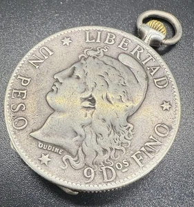 Vintage Movado Silver Pocket Watch with Argentine Patacon Coin Design Rare - Picture 1 of 19