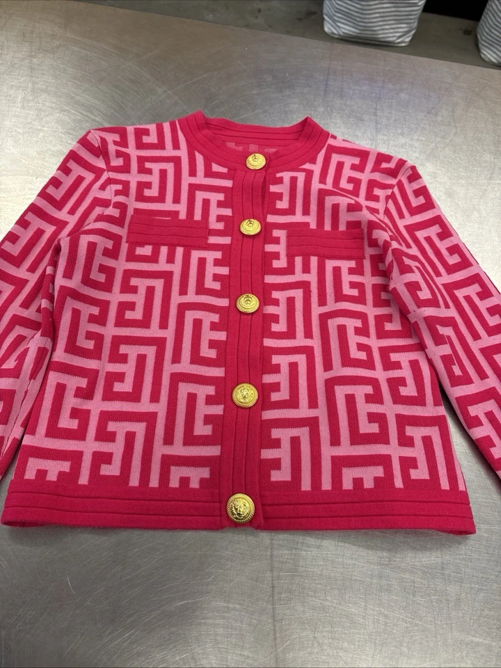 Balmain x Barbie Women's Cropped MonogramCardigan Jacquard Wool Blend Pink - Image 1 of 4