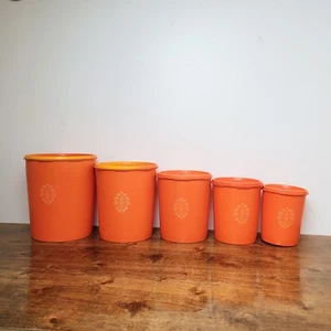 Vintage Tupperware 5 Piece Orange Harvest Nestable Canisters Starburst Lids - Picture 1 of 10