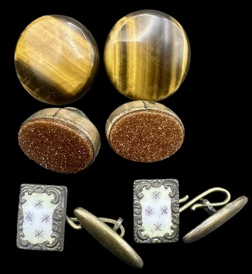 3 Pair Antique Cufflinks Tiger Eye Gold Stone Enamel Victorian Nouveau Deco - Image 1 of 4