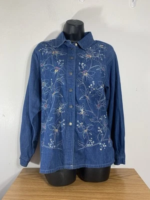 Koret City Blues Embroidered Denim Shirt Size Petite Large Floral Button Up - Image 1 of 4