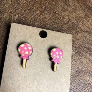 Handmade Laser Cut And Engraved Earrings Pink Polka Dot Lollipop  - Picture 1 of 5