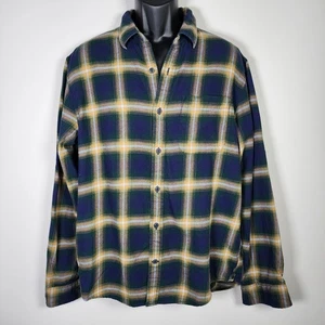 Roots Canada Flannel Shirt Men Large Blue Yellow Plaid Long Sleeve Outdoors Soft - Picture 1 of 17