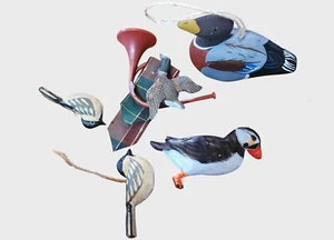 4 Bird Ornaments Chickadees Duck Puffin Mallard with horn and Ribbon - Picture 1 of 2