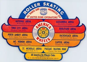 AMERICA ON WHEELS 10 RINKS LISTED*LARGE VINTAGE ROLLER SKATING DECAL LABEL NICE! - Picture 1 of 2
