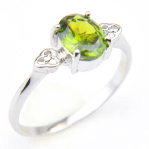 Special 8*6MM Oval Fire Olive Peridot Gemstone Silver Rings Size 7~9 Women Gifts - Picture 1 of 6