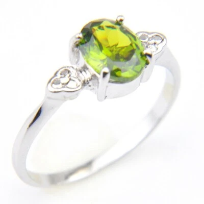 Special 8*6MM Oval Fire Olive Peridot Gemstone Silver Rings Size 7~9 Women Gifts - Image 1 of 4