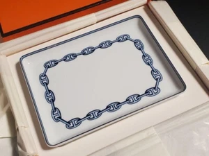 HERMES PARIS Porcelain Change Tray Plate CHAINE D'ANCRE BLUE 16 x 12 cm w/box - Picture 1 of 8
