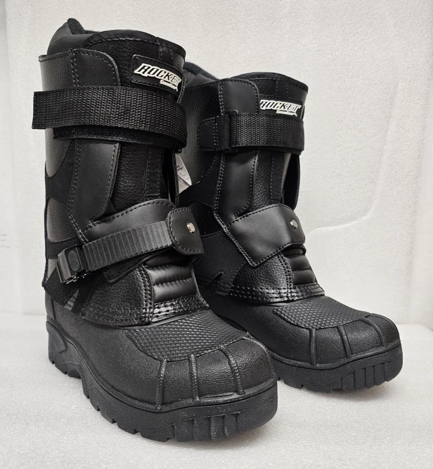 BOTAS DE SNOWMOBILE MASCULINAS/MULHERES/ADOLESCENTES ROCKET SNOWGEAR PRETAS BOTAS DE SNOWMOBILE NOVAS - Imagem 1 de 4