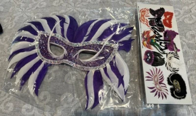 MASQUERADE BALL MASK Feathers  PURPLE Vintage FRANCO AMERICAN NOVELTY CO - Image 1 of 2