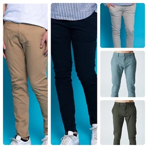 Pantalones chinos elásticos delanteros planos de algodón ajustados y rectos para hombre A41 - Imagen 1 de 17