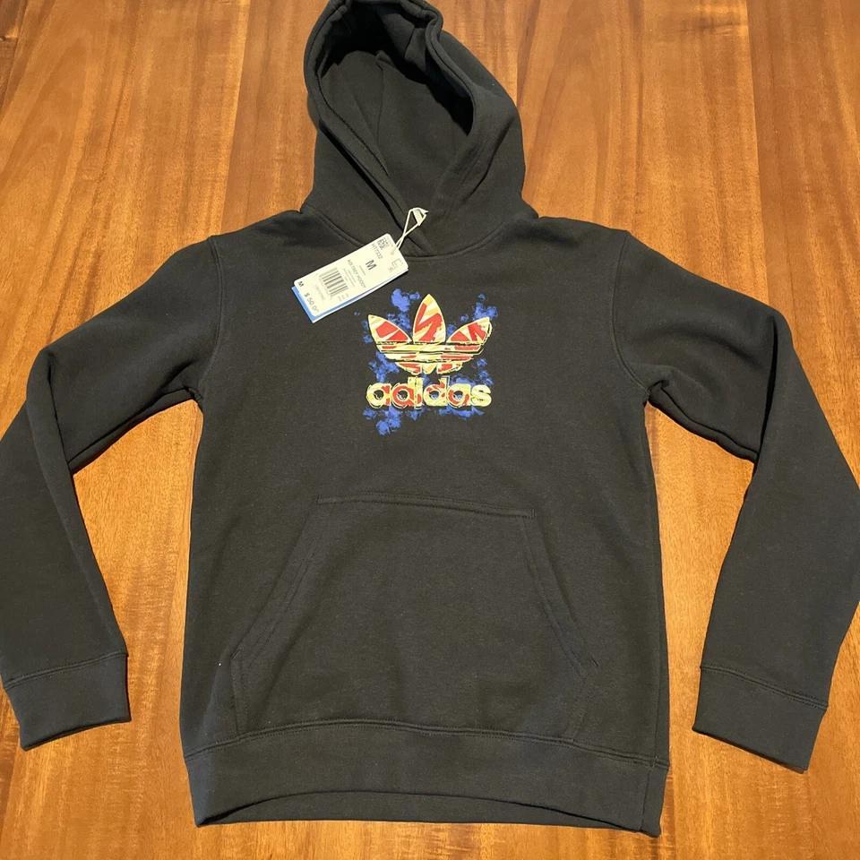 Adidas Hoodie Youth Medium Black Sweatshirt Drawstring Pocket Camo Trefoil