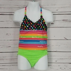 Candy Girl 2 Piece Neon Dots and Stripes Swimsuit XS - Picture 1 of 7