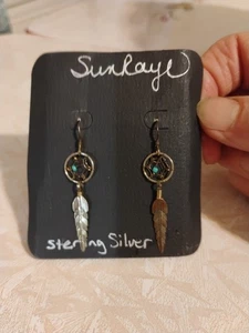 Vintage  Sterling Silver Dream Catcher Earrings Feathers and Turquoise - Picture 1 of 2