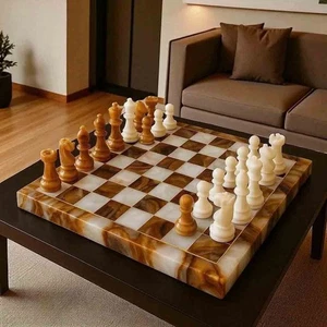 Collectible Chess Set Board with Pcs Handmade Brown Marble Inlay Stone Precious - Picture 1 of 8