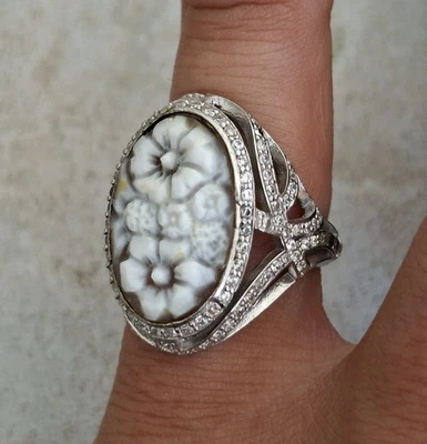 ANELLO CAMMEO FIORI  ARGENTO 925 PLACCATO ORO BIANCO 18 KT MOISSANITE BRILLANTE  - Immagine 1 di 4