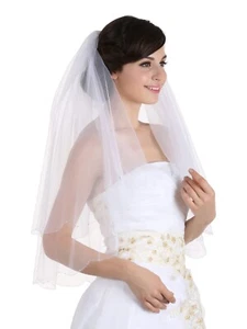 Velo de boda de novia hecho a mano de 2 niveles blanco/marfil codo festoneado borde de cuentas - Imagen 1 de 8