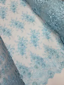 Tessuto Pizzo Floreale 3D Blu Cielo da Giardino - Ricamato con Perle su Rete per - Foto 1 di 9