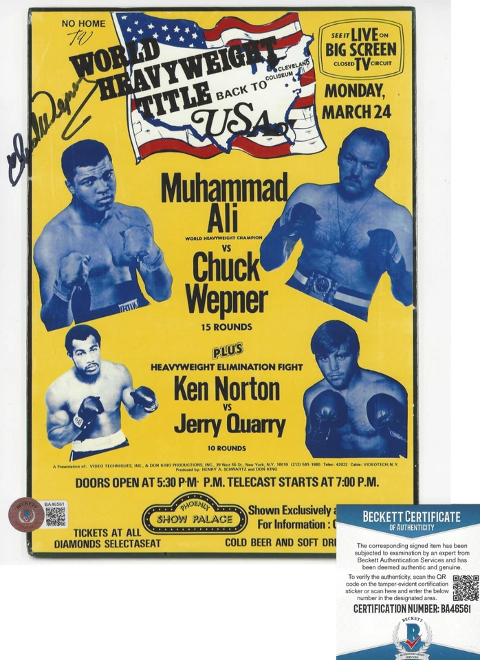 BOXER CHUCK WEPNER SIGNED 8x10 PHOTO ROCKY MUHAMMAD ALI FIGHTER BECKETT COA - Image 1 of 1