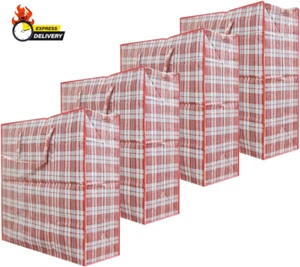 Set of 4 Extra-Large Plastic Checkered Storage Laundry Shopping Bags W. Zipper & - Picture 1 of 12