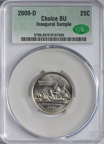 2000 D Virginia State Quarter CAC Graded Choice BU -CAC Inaugural Sample Coin Cover