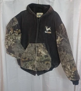 Vtg 90s Mens Heavy Work Coat Outdoors Deer River XL Black Camo Hooded Embroidery - Picture 1 of 12