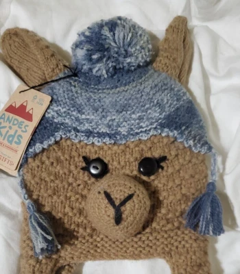 全新带标签 Andes Kids 手工针织 LLAMA 帽子 — 第 1/4 张图片
