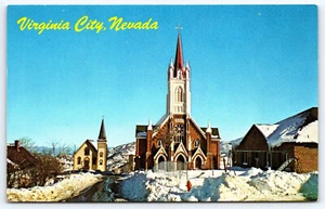 St. Mary's Church and the Presbyterian Church Virginia City Nevada Postcard - Picture 1 of 2