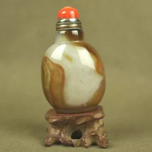Red Coral Top Lid Old Old Carved Chinese Stripes Crystalloid Agate Snuff Bottle - Picture 1 of 7