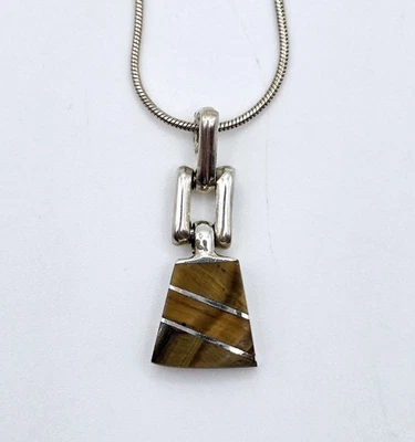 Vintage Mexico 950 Silver Tigers Eye Charm Pendant Necklace Modernist Taxco - Image 1 of 4