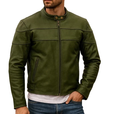 Mens Biker Real Leather Jacket Outerwear Green Coat Vintage Style Winter Jacket - Image 1 of 4