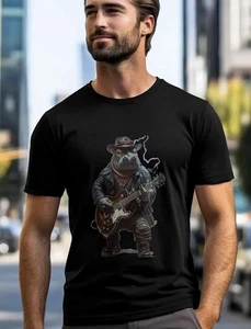 Herren Gr. XL T-Shirt Kurzarm Schwarz Nilpferd E Gitarre Musik Neu - Bild 1 von 3