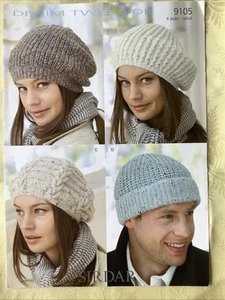 Sirdar knitting pattern 9105. Denim Tweed DK hats 4 yrs-adult NEW, old stock - Picture 1 of 3