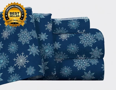 Juego de bolsillo profundo de franela con sábana plana de gran tamaño King copos de nieve azul marino Foto 1 de 4