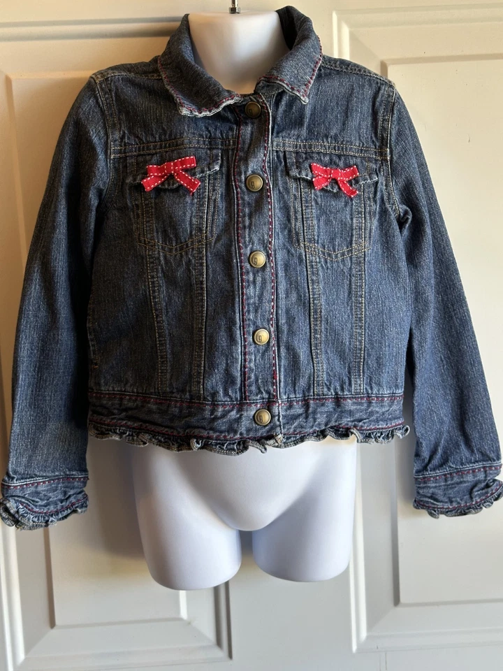 Niñas Talla 6 GYMBOREE Sandía Picnic Azul Jean Denim Chaqueta Rojo Lazo Volantes Foto 1 de 4