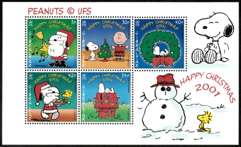 Gibraltar 2001 - Snoopy & Peanuts Christmas - Sheet of 5 stamps Scott 894A - MNH Cover