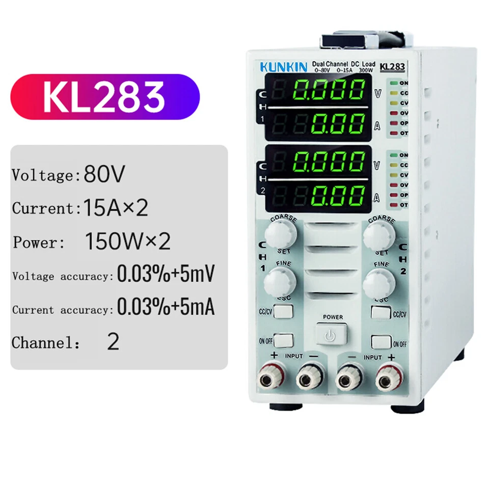 New KL283 Dual Channel Adjustable LCD DC Electronic Load Tester 300W 80V 30A - Image 1 of 4