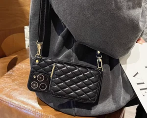 Etui portefeuille téléphone bandoulière cuir noir matelassé avec porte carte pour iPhone 13 - Photo 1 sur 11