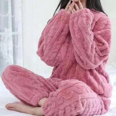 Conjunto de 2 piezas de lana de terciopelo grueso de invierno para mujer conjunto de suéter y pantalones conjuntos de pijama Foto 1 de 4