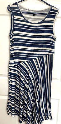 Soft Jersey Stretch Sleeveless Size L Midi Dress Blue White Asymmetrical Hem - Image 1 of 4