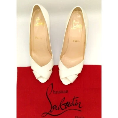 Christian Louboutin Shelly White Patent Leather 90 Peep Toe Pumps Size 7. 1/2 - Image 1 of 4